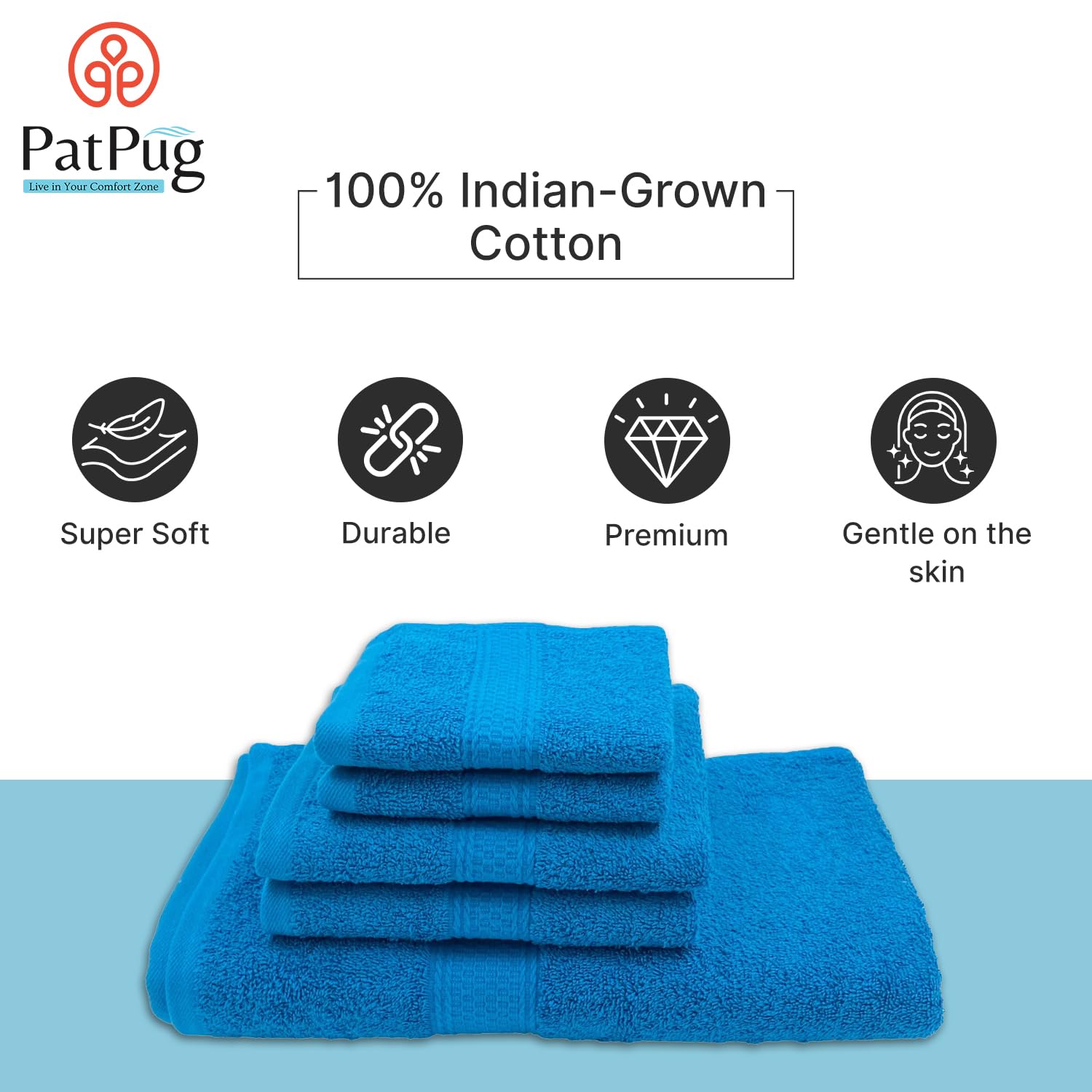 Patpug 100% Indian Cotton Plush Towel Set 1200 Gsm | Highly Absorbent, Fade Resistant, Quick Drying (Turquoise Blue) - 5 Piece