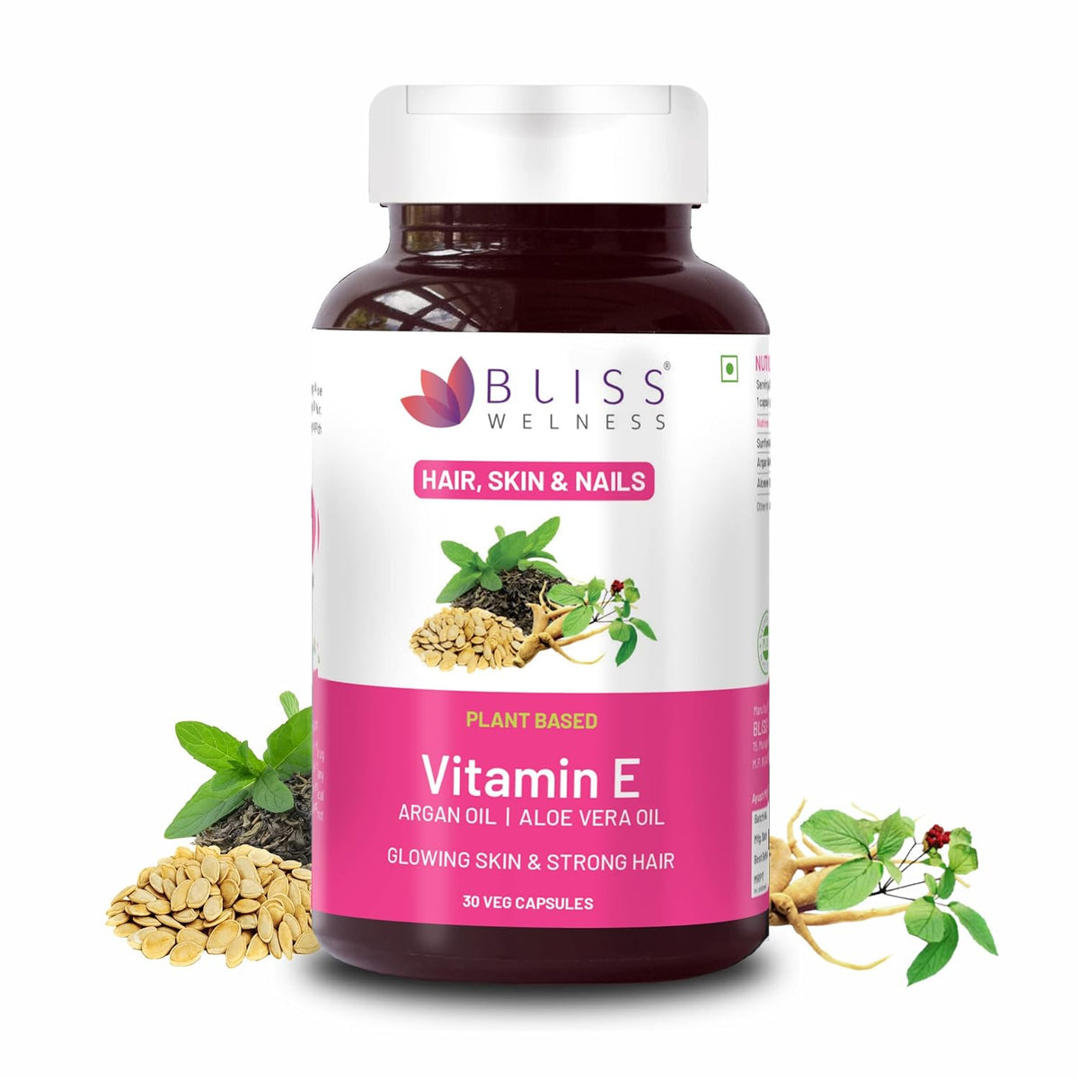 Bliss Welness Plant Based Natural Vitamin E, Sunflower Oil Extract, Argan Oil Extract , Aloevera Extract | Pure Skin Hair & Face Care Health Supplement | 30 Vegetarian Capsules 50gm 0.1lbs