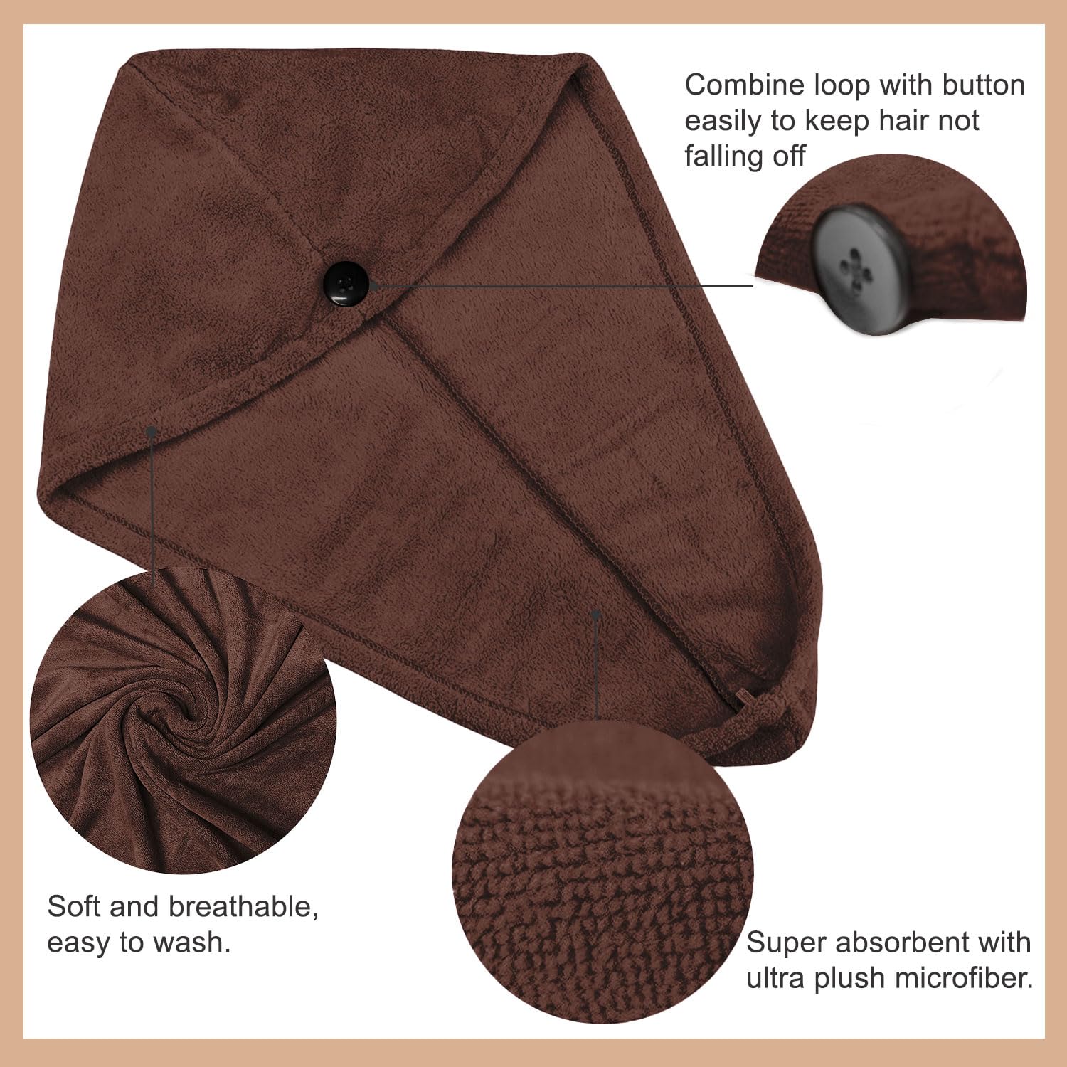Sassoon Venir Microfiber Hair Wrap Towel 450 Gsm | For Women With Smooth Texture Super Absorbent Quick Dry Hair Turban (Cocoa)