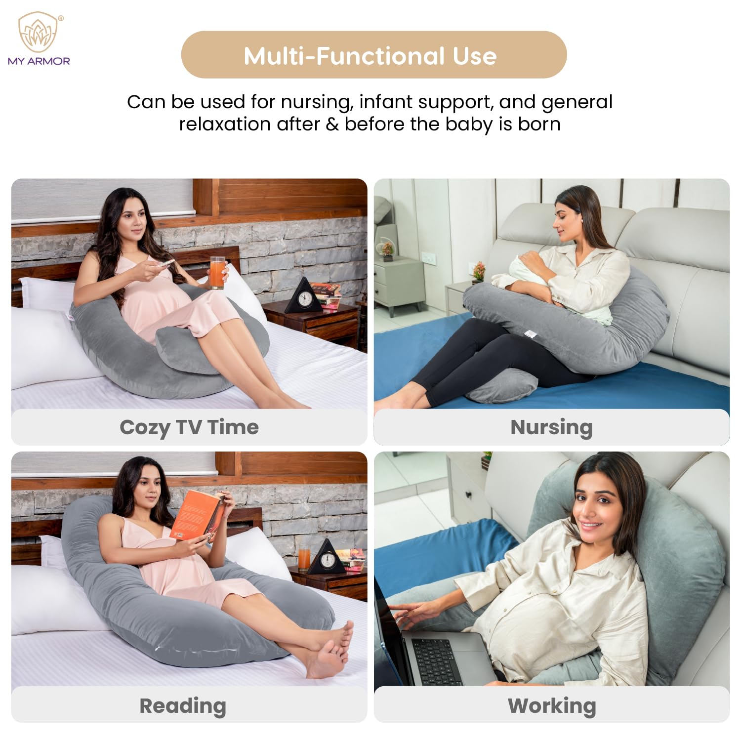 Pregnancy Pillow For Women, U Shape Maternity Pillow, Adjustable Pillow, Grey | Pillow For Pregnant Women, Premium Velvet Cover | Full Body Support, Relieves Pain, Multipurpose Pillow