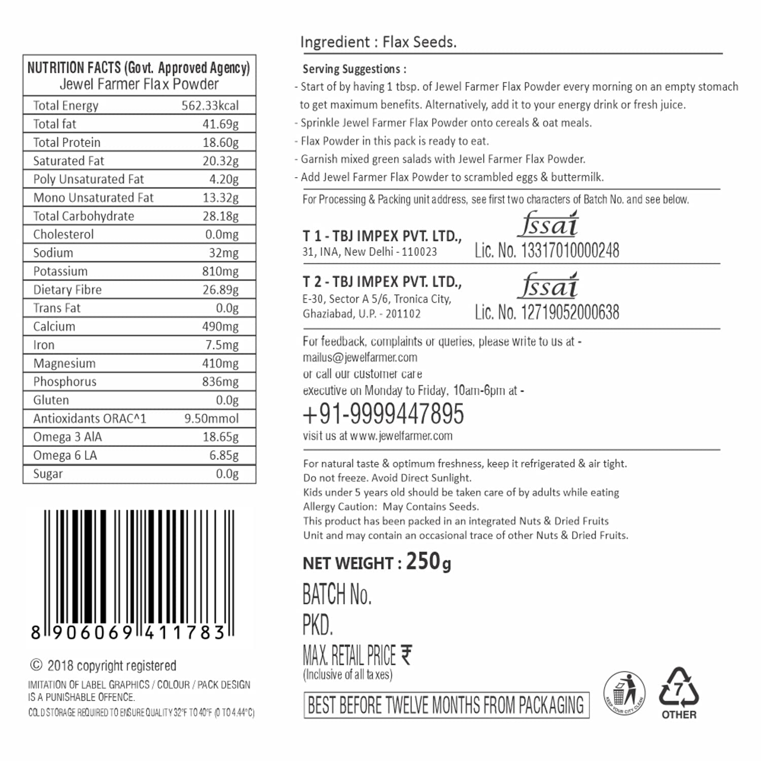 Jewel Farmer Flax Powder Enriched With Fiber Protein, Omega 3 & 6 Cholesterol Free Nutritious Pack Of Granulated Alasi, Teesi | 250gm 0.5lbs