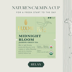 Luxmi Estates Midnight Bloom Jasmine Green Tea - 100gm, 3.5 Ounce, 50 Cups | USDA Certified Organic Tea - Low Caffeine Green Tea | Additives Free Darjeeling Green Tea