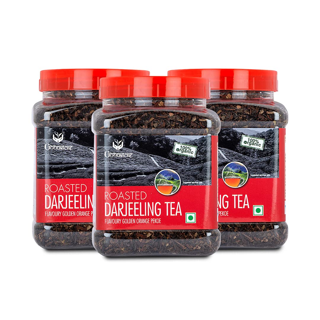 Goodricke Roasted Darjeeling Tea Pack Of 3 X 250gm Jar, 8.8 Ounce Each - Flavoury Golden Orange Pekoe | Premium Black Loose Leaves Tea With Rich Taste & Flavor - Low Caffeine