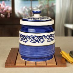 Hand Painted Ceramic Round Jar (Burni) With Lid - 1200ml, Blue | Ceramic Multi-Utility Storage Jar - Pickle Storage Jar