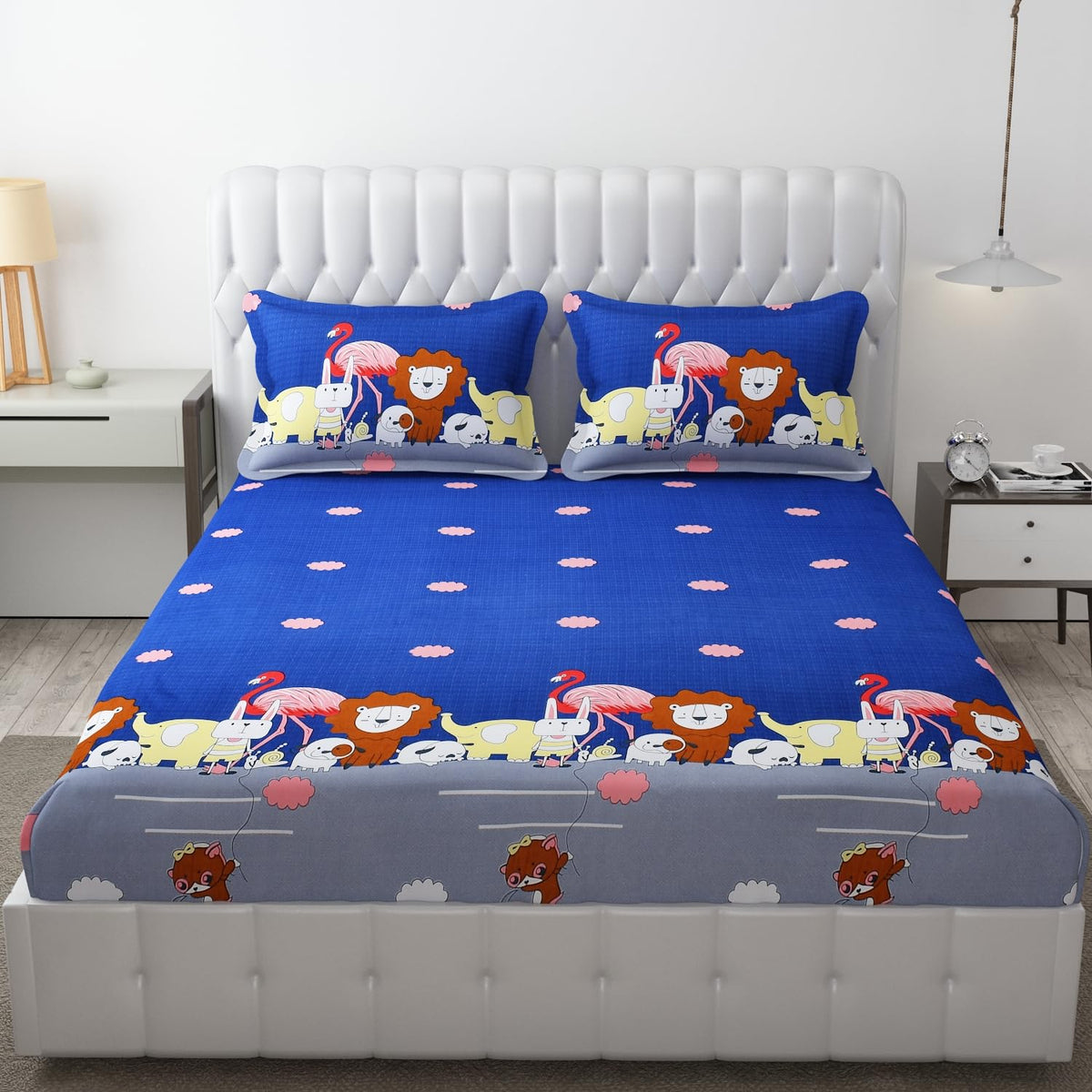 Wrinkle Free Soft Kids Double Bedsheets For King Size With 2 Pillow Cover | 90 X 95 Inches, Blue | Cartoon Printed Design | Child Bedroom Decor