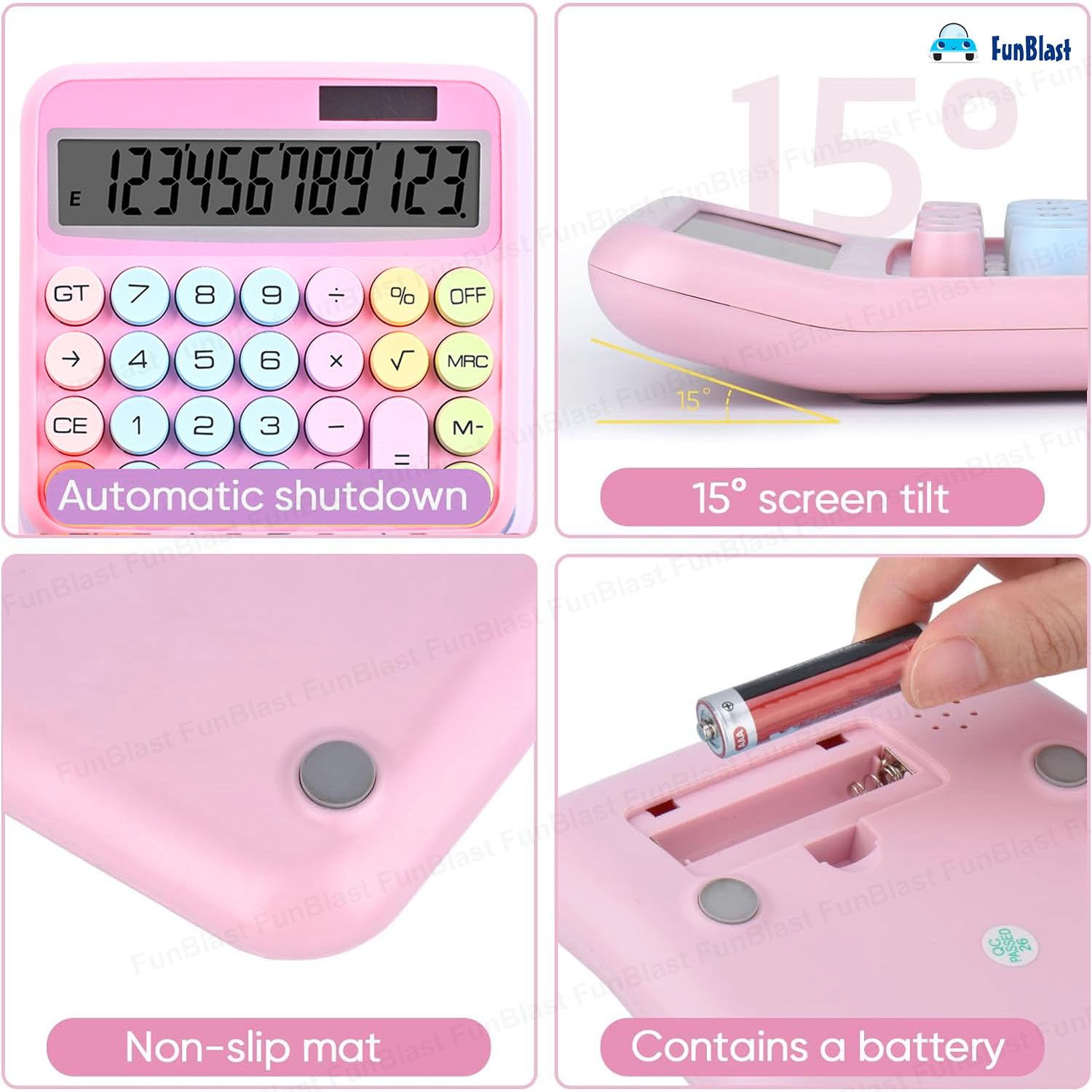 Funblast Calculator 12 Digit Extra Large 5-inch LCD Display,15° Tilt Screen For Kids Calculator Big Buttons Easy To Press Use As Office, School & Home Calculators Desktop (Pink)