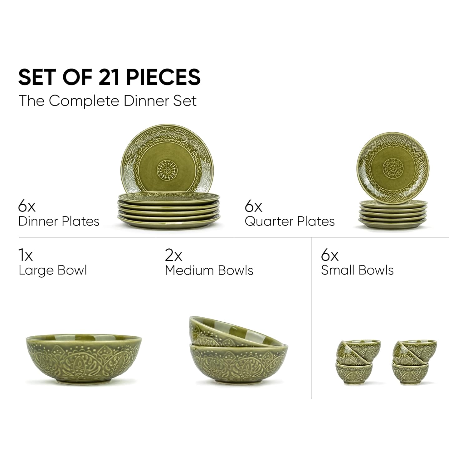 Ceramic Carving Dinner Set Of 21 Pcs, Mehndi Green | Crockery Set - Dining Sets | 6 Dinner Plates+ 6 Dinner Plates+ 6 Veg Bowls, 160ml Each+ 2 Medium Bowls, 630ml Each+ 1 Large Bowl, 1200ml