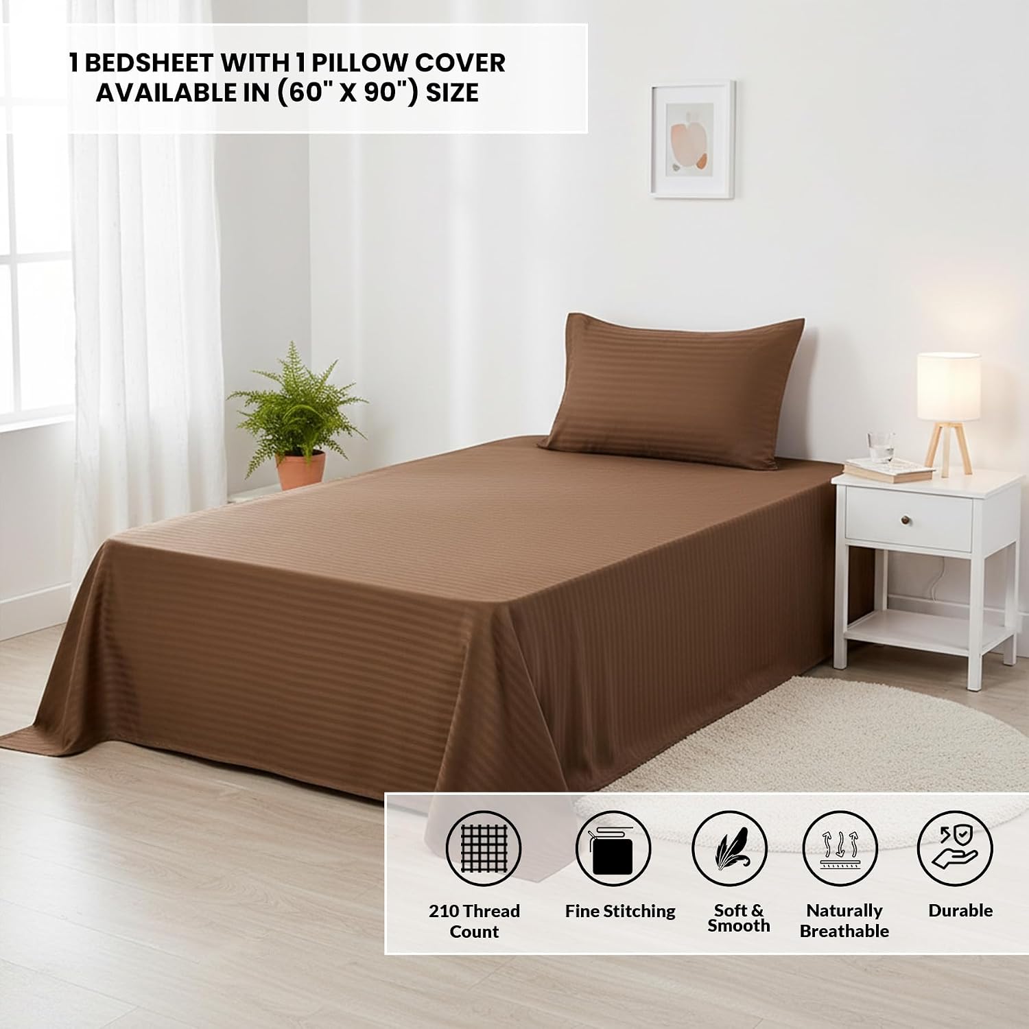 Soft Cotton Single Bedsheet With 1 Piece Pillow Cover - 60 X 90 Inches, Brown | Lightweight, Breathable & Easy To Maintain Bedsheet