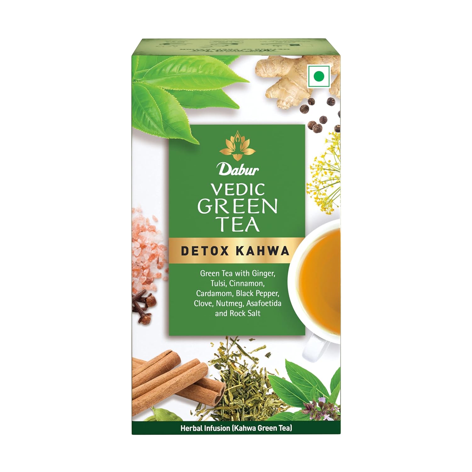 Dabur Vedic Tea Black Tea 500gm, 17.6 Ounce + Detox Kahwa Green Tea, 25 Tea Bags | Herbal Infusion Premium Tea With 30+ Ayurvedic Herbs - Zingy, Spicy Taste, High Caffeine
