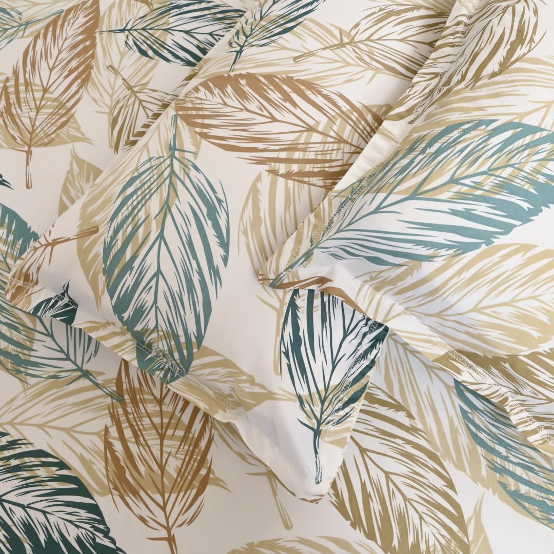 Queen Size Pure Cotton Bedsheet With 2 Pillow Covers | 90 × 100 Inches, Beige & Green | Soft Breathable Floral Design Bedding | Comfortable Sleep All Year