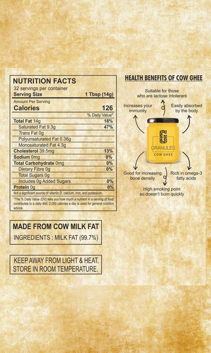 Organic Cow Ghee By Granules | Healthy & Flavorful Nutrients Pure Cow Desi Ghee Good For Promotes Brain Health | 1.5 Litre (500ml * 3) 50.7 Ounce | Jar Pack