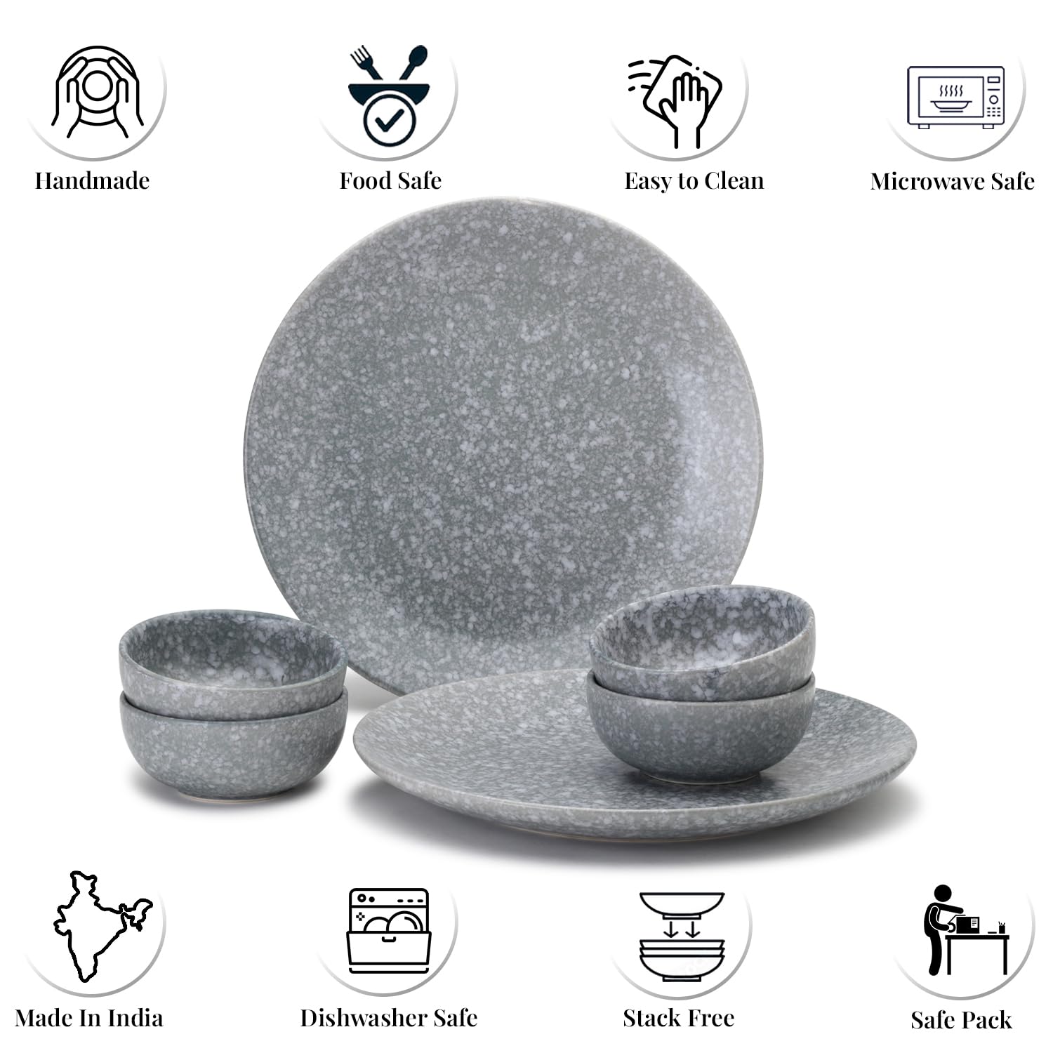 Handcrafted Premium Ceramic Serving Dinner Set - Pack Of 6 Pcs, Silver Grey | 2 Dinner Plates, 10.6 Inch Each + 4 Small Dinner Bowl, 160ml Each - Microwave & Dishwasher Safe