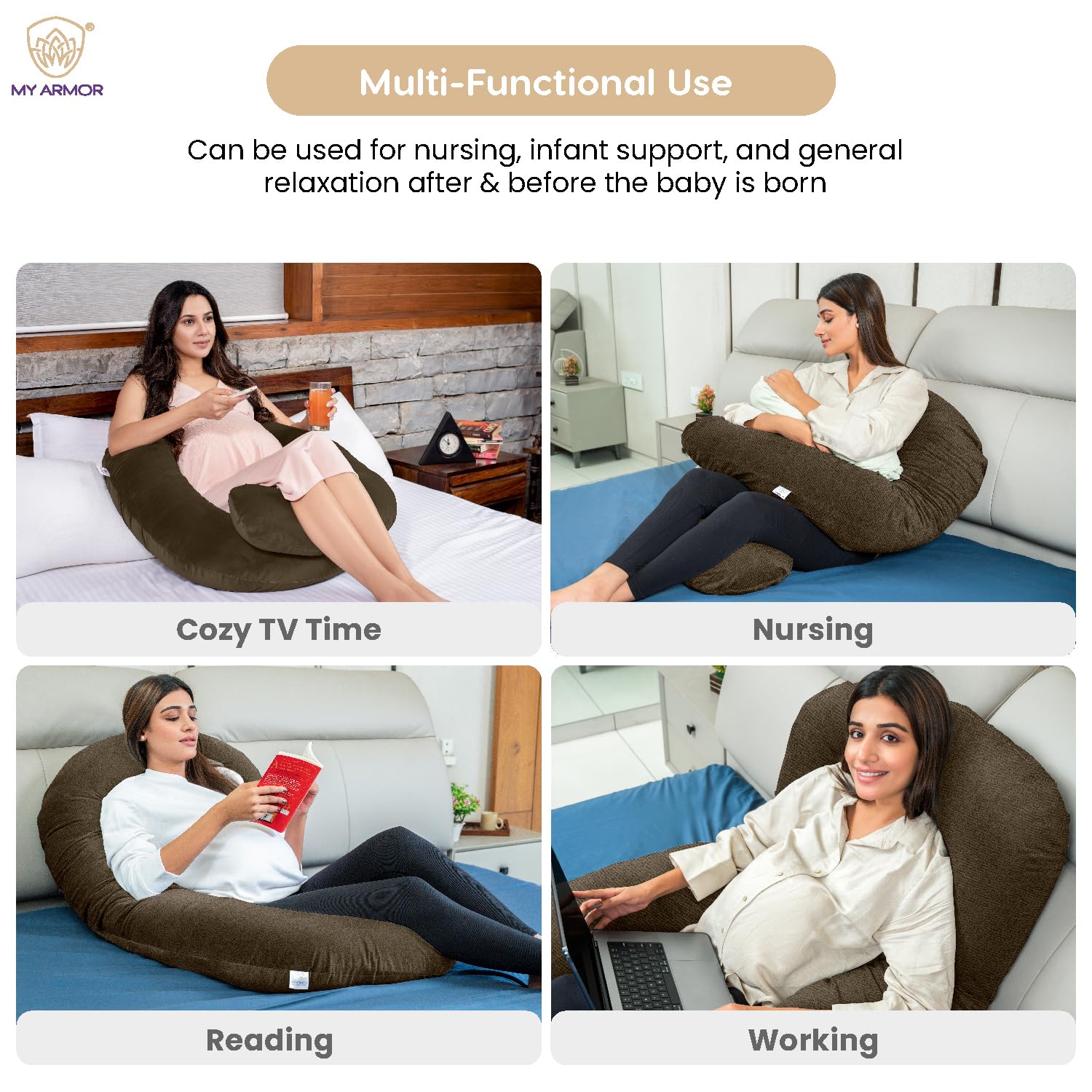 Full Body J Shape Pregnancy Pillow For Women, Maternity Pillow, Brown Color | Pillow Gift For Pregnancy Sleeping, Premium Velvet Cover With Zip | Adjustable & Washable Pillow