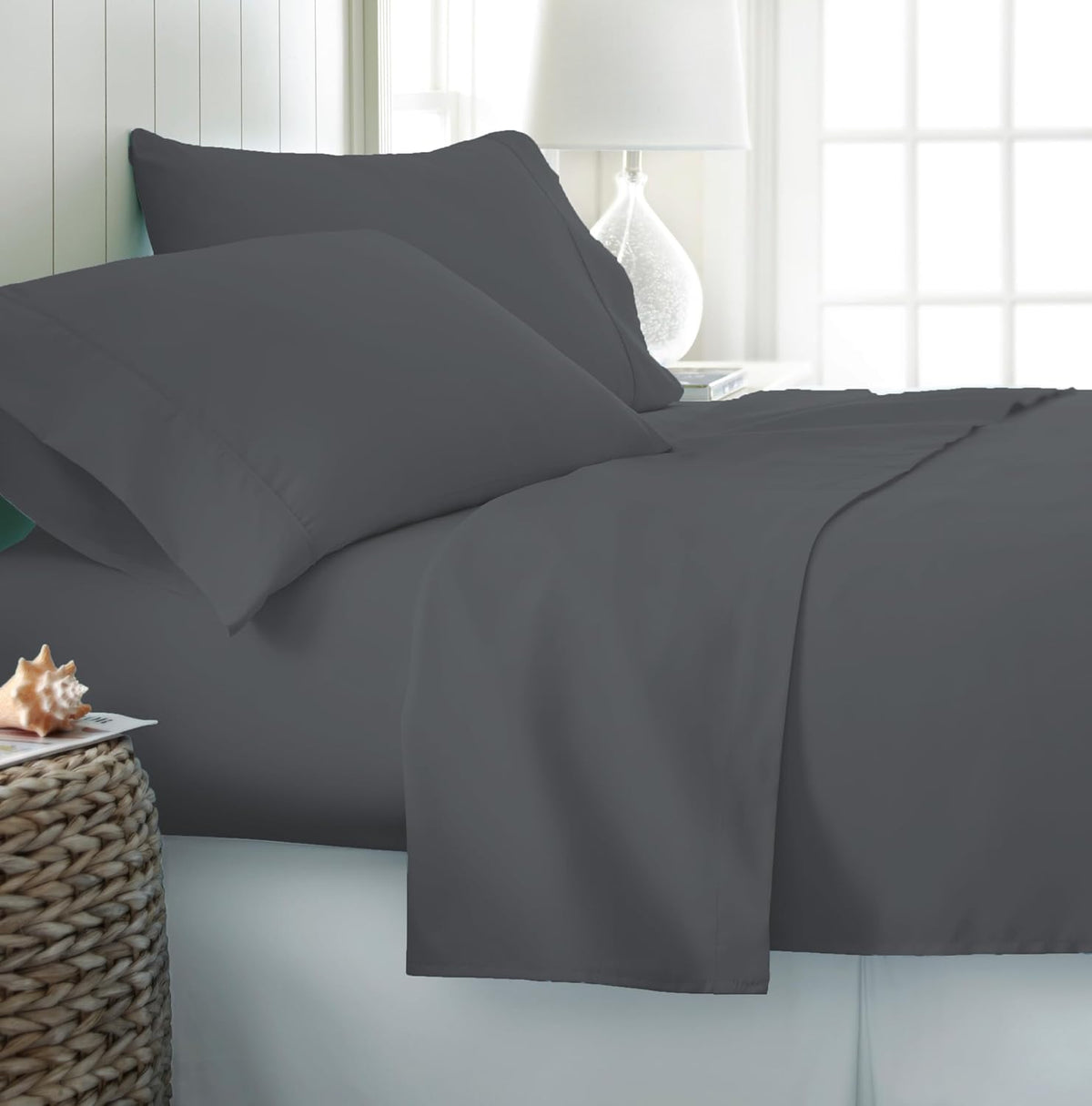 Cotton Queen Size Fitted Bedsheet With 2 Pillow Covers - 60 X 80 + 12 Inches, Dark Grey | Soft & Durable | Perfect For All Seasons, Especially Summer
