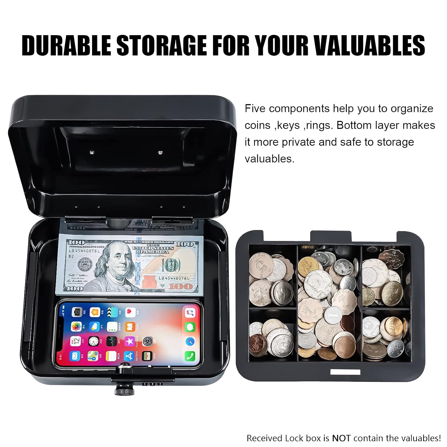 Medium Metal Cash Box With Combination Lock Safe & Money Tray For Security 7.87"X 6.30"X 3.54" Colour - Black