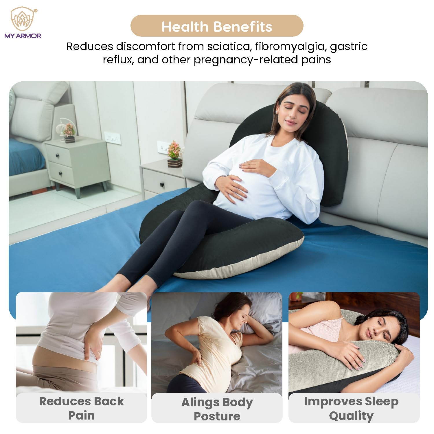 Full Body C Shape Pregnancy Pillow For Women, Maternity Pillow, Black & Cream | Pillow Gift For Pregnancy Sleeping, Premium Velvet Cover With Zip | Adjustable, Relieves Pain, Multipurpose