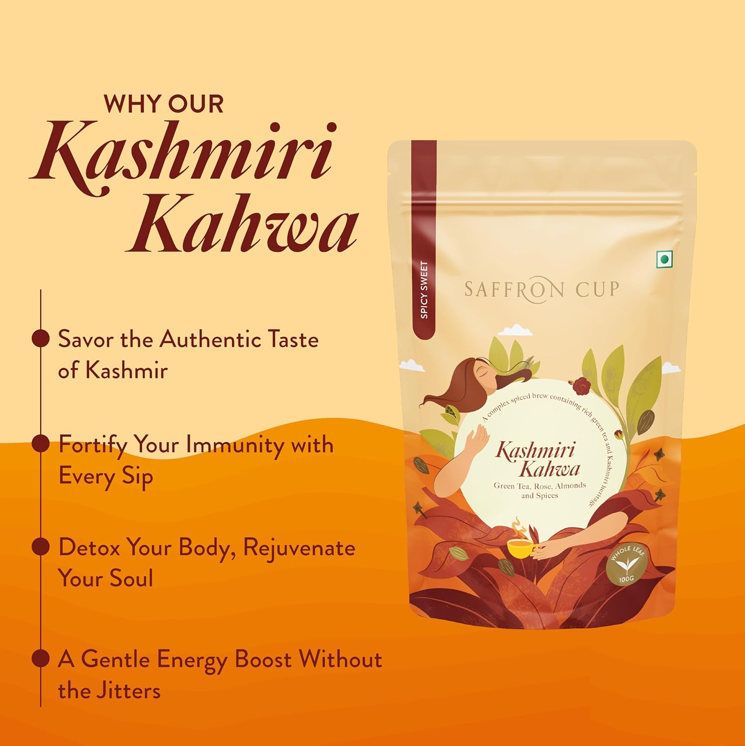 Saffron Cup Kashmiri Kahwa Green Tea - 100gm, 3.5 Ounce | Infused Green Tea With Cardamom, Rose Petals, Cinnamon & Almonds - 100% Natural, Rich In Antioxidants | Low Caffeine, Airtight Zip Lock Pouch