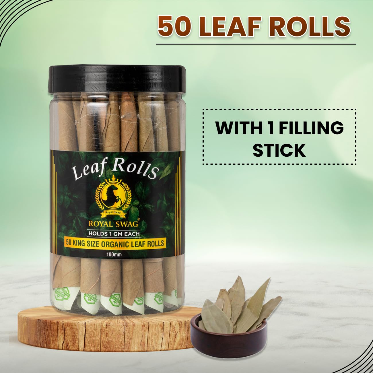 Royal Swag 100mm King Size Leaf Rolls Ready To Use Cones Jar Of 50 Pcs Pack With 1 Filling Stick, Super Slow Burning, Real Tendu Palm Leaf |Natural Toasted Palm Leaf Wrap|