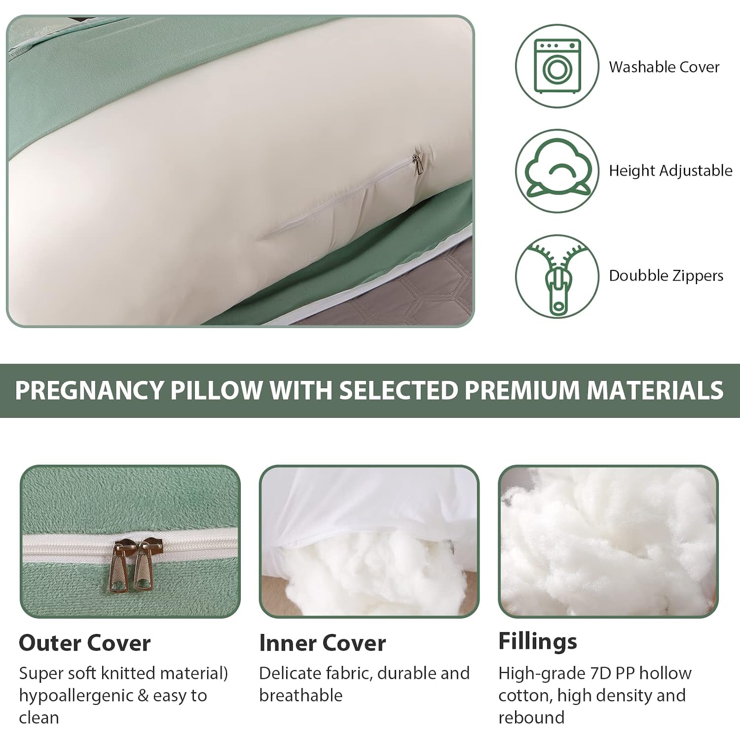 Pregnancy Pillow, Full Body Maternity Pillow For Sleeping, Velvet Light Green | For Back, Hips, Legs, Belly For Pregnant Women | Removable, Washable Cover, Comfortable & Soft Pillow