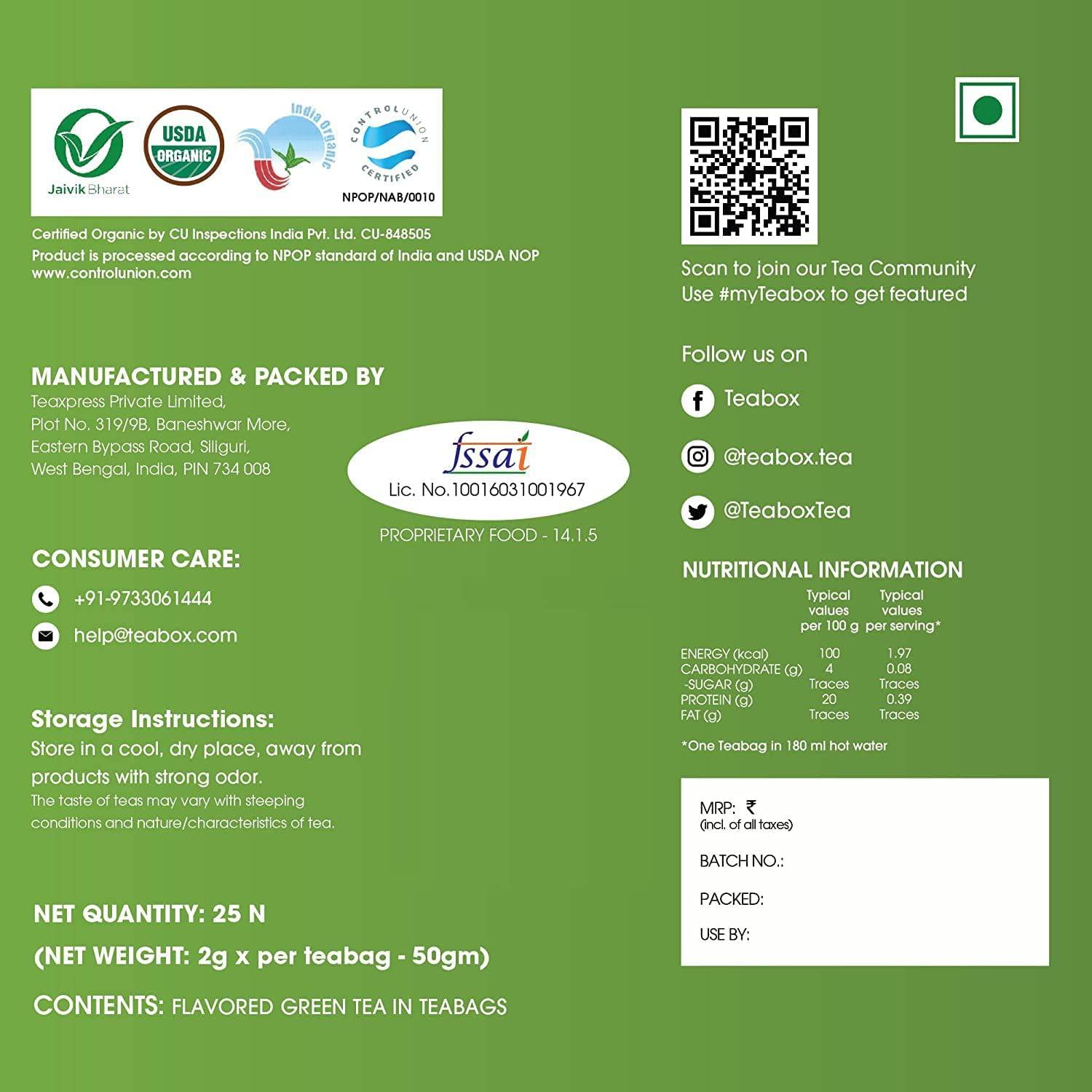 Teabox Organic Green Tea - 25 Pyramid Tea Bags | Increases Metabolism, Rich In Antioxidants - 100% Whole Leaf Tea Sourced From Darjeeling | Low Caffeine, 0% Bitterness