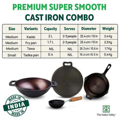 Super Smooth Cast Iron Cookware Set + Free Tadka Pan | Tawa 30.5cm + Kadai 25.4cm, 2.5 Liters + Fry Pan 25.4cm, 1.7 Liters - Kitchen Cooking Combo Pots & Pans Set Of 4 Pcs | Naturally Nonstick