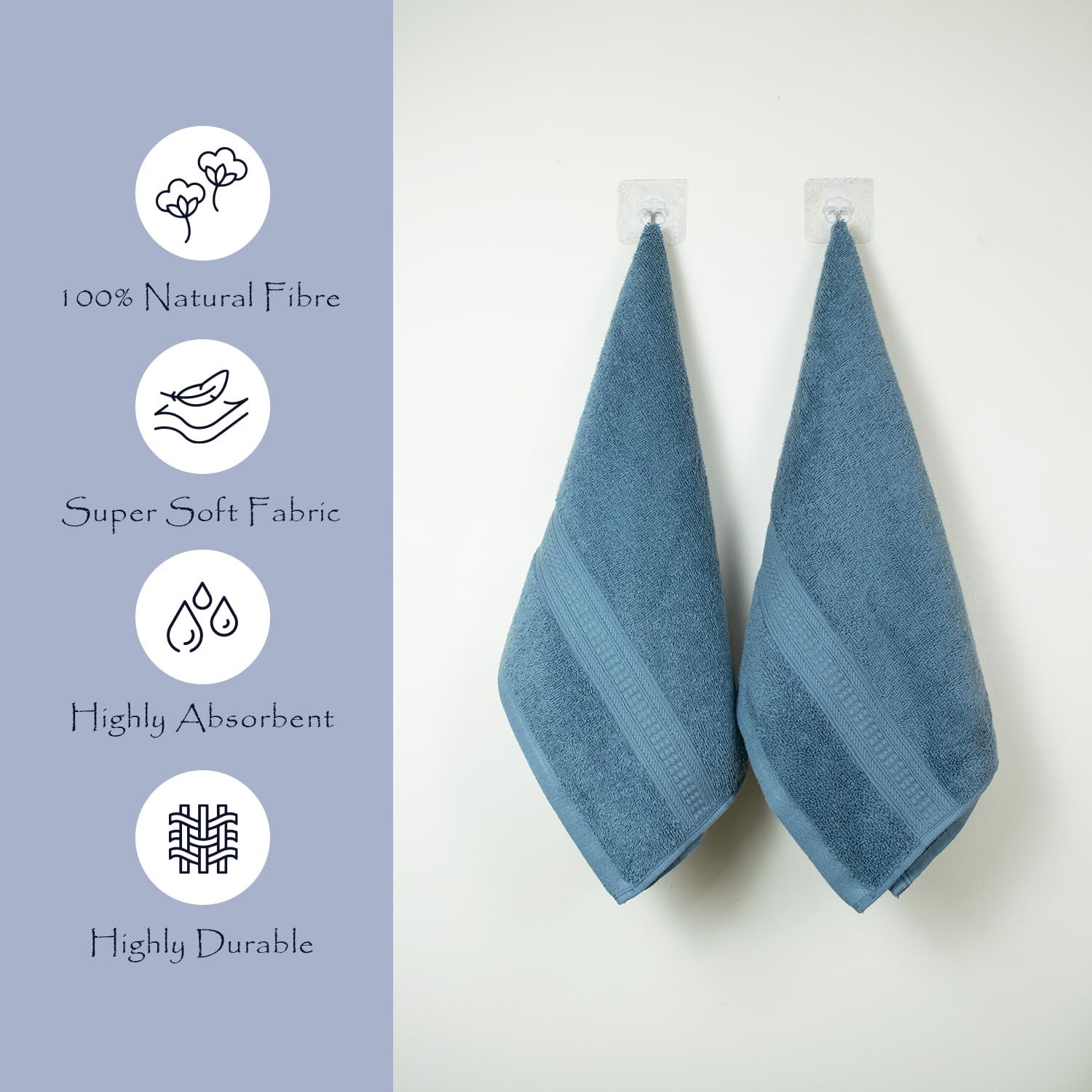 Rangoli 100% Cotton Fibre 2 Hand Towel 500 Gsm | Highly Durable & Super Absorbent Towel | Skin-Friendly & Quick Drying Luxury Towels (Blue)