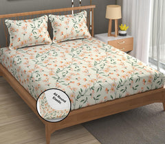 1 Elastic Fitted Bedsheet For King Size & 2 Pillow Covers - 78 X 72 Inches, Cream & Green | Elegant Floral Print Design & Skin-Friendly
