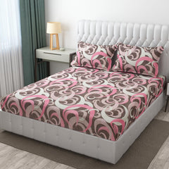 Bedsheet For Double Bed Elastic Fitted Queen Size With 2 Pillow Covers - 72 X 78 Inches, Pink & Brown | Soft Touch & Comfortable Feel