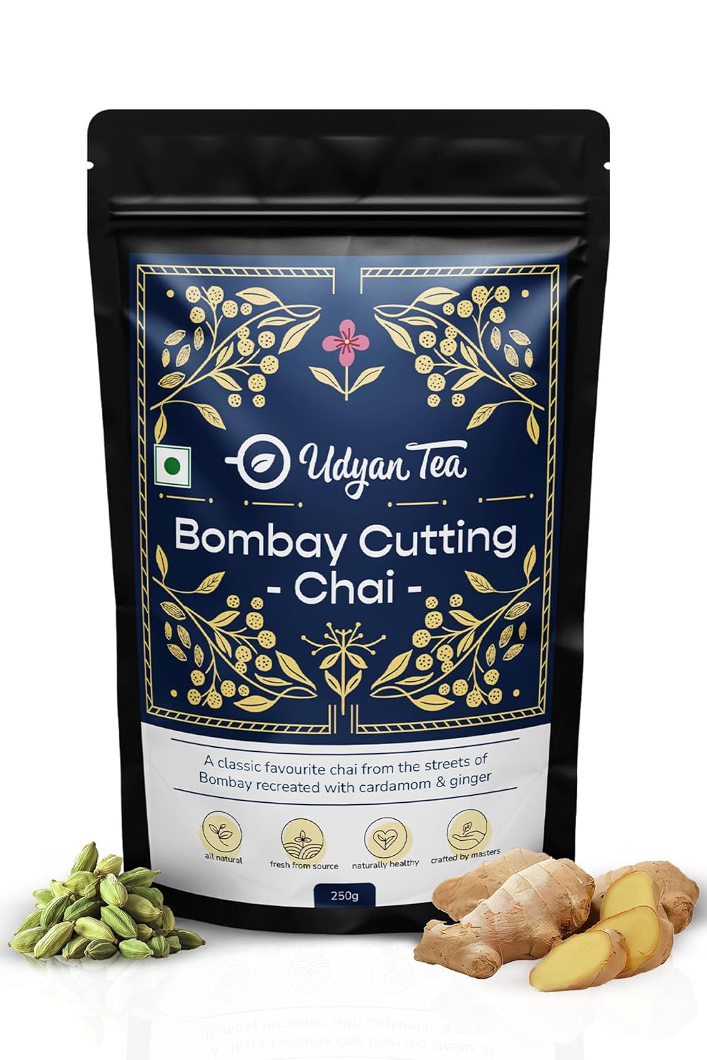 Udyan Tea Bombay Cutting Chai - 250gm, 8.8 Ounce | Strong Masala Tea With Ginger & Cardamom - Authentic & Refreshing Elaichi Adrak Chai | High Caffeine Tea Leaf