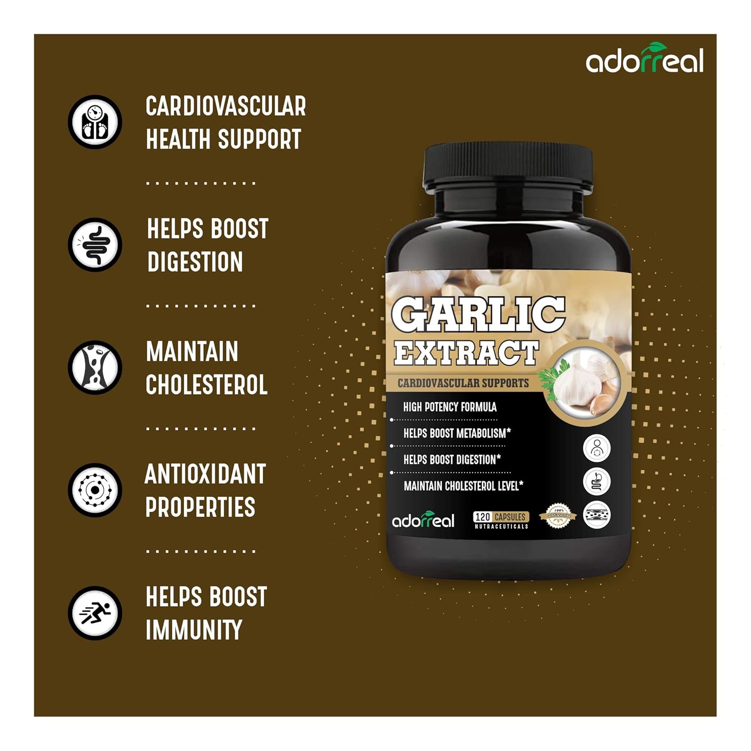 Adorreal Garlic Extract Capsules, Cardiovascular Support, Boosts Digestion, Maintains Cholesterol, Promoting Healthy Blood Flow & Circulation | 120 Capsules 150gm 0.3lbs