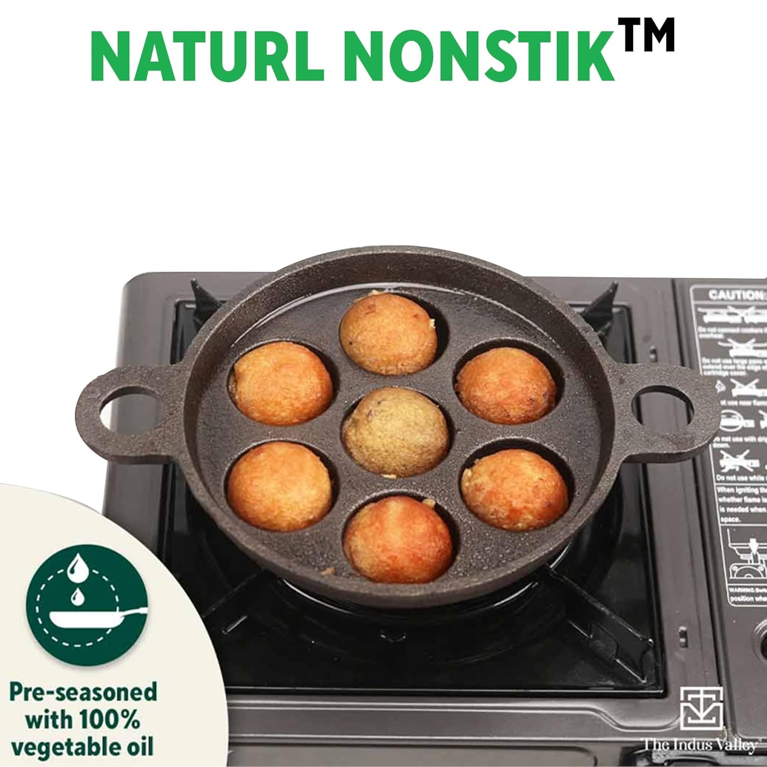 Super Smooth Black Cast Iron Paniyaram Pan - 7 Pit, 19cm, 7.4 Inch, 2.2 Kg | Induction Friendly - Nonstick, Pre-Seasoned Appe Or Paddu Pan, 100% Pure & Toxin-Free, No Chemical Coating