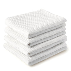 Encasa Xo Kitchen Dish Towels Set 320 Gsm | Waffle Weave & Flat Hand Tea Towel | Quick Drying Reusable Cotton Washcloths | Set Of 4 (White)