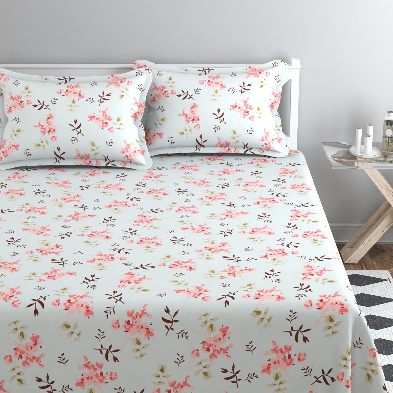 Cotton All Round Elastic Fitted Bedsheets For Double Bed With 2 King Size Pillow Covers | Size-72 X 78 +10 Inches, Pink & Aqua - Lightweight, Soft, & Comfortable Bedsheet