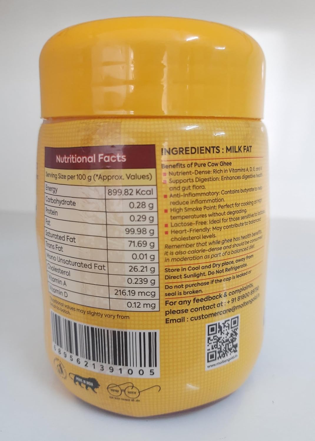 Natural Premium Cow Ghee By Molten Gold | Rich In Vitamin A, D, E & K Healthy Desi Ghee For Cooking | (500ml) 16.9 Ounce | Jar Pack