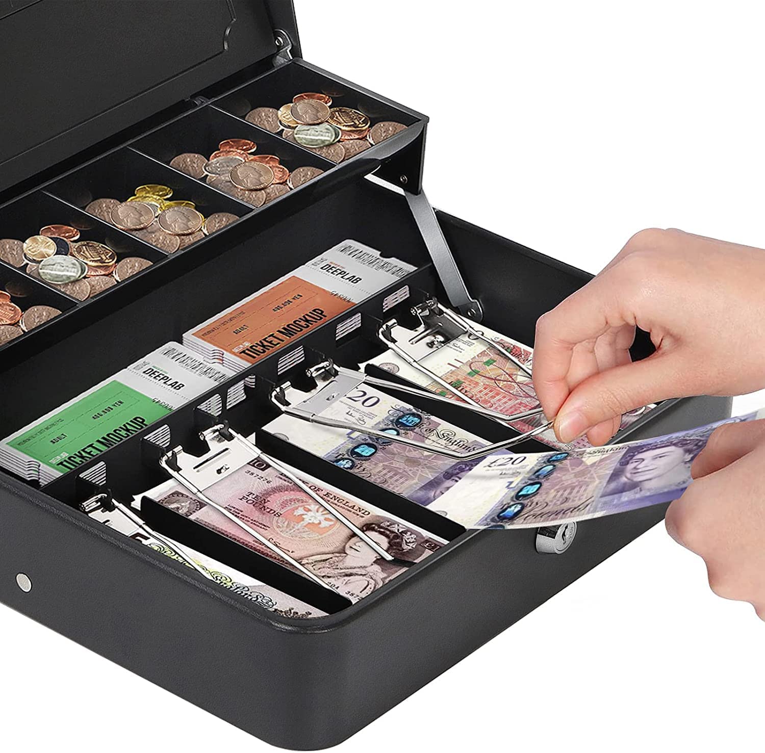 Cash Box With 2 Key Lock Storage Security 4 Note, 5 Coin Slots,11.8" X 9.5" X 3.5", Colour - Black, Material - Metal