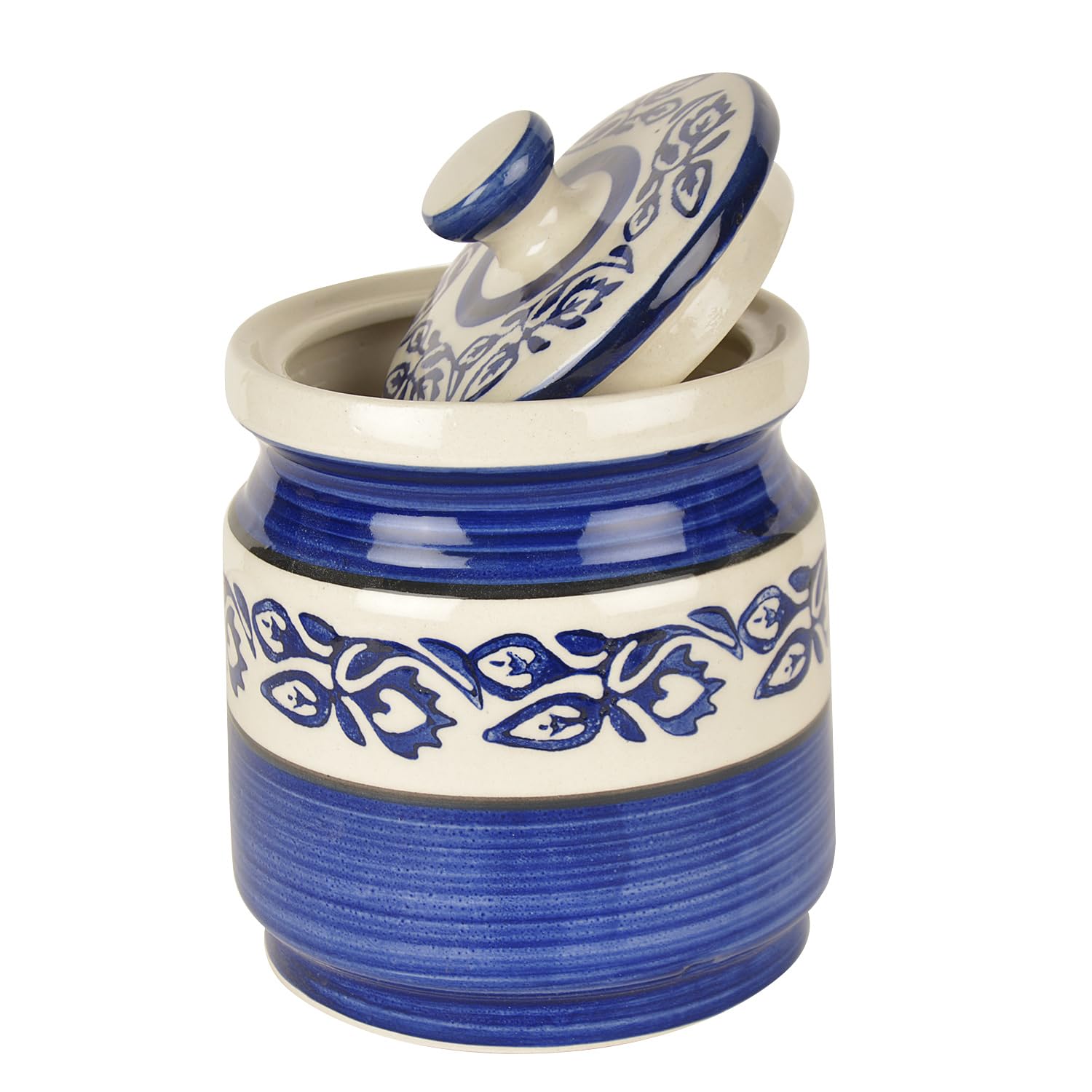 Hand Painted Ceramic Round Jar (Burni) With Lid - 1200ml, Blue | Ceramic Multi-Utility Storage Jar - Pickle Storage Jar