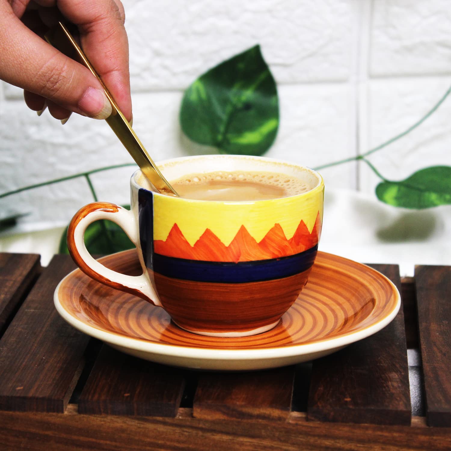 Hand Painted Boho Fiesta Ceramic Cups & Saucers Set Of 6 | Tea Cup Set Of 6 Cups + 6 Saucers For Tea, Coffee, Hot Drinks - 12 Pieces, 150ml, Microwave Safe