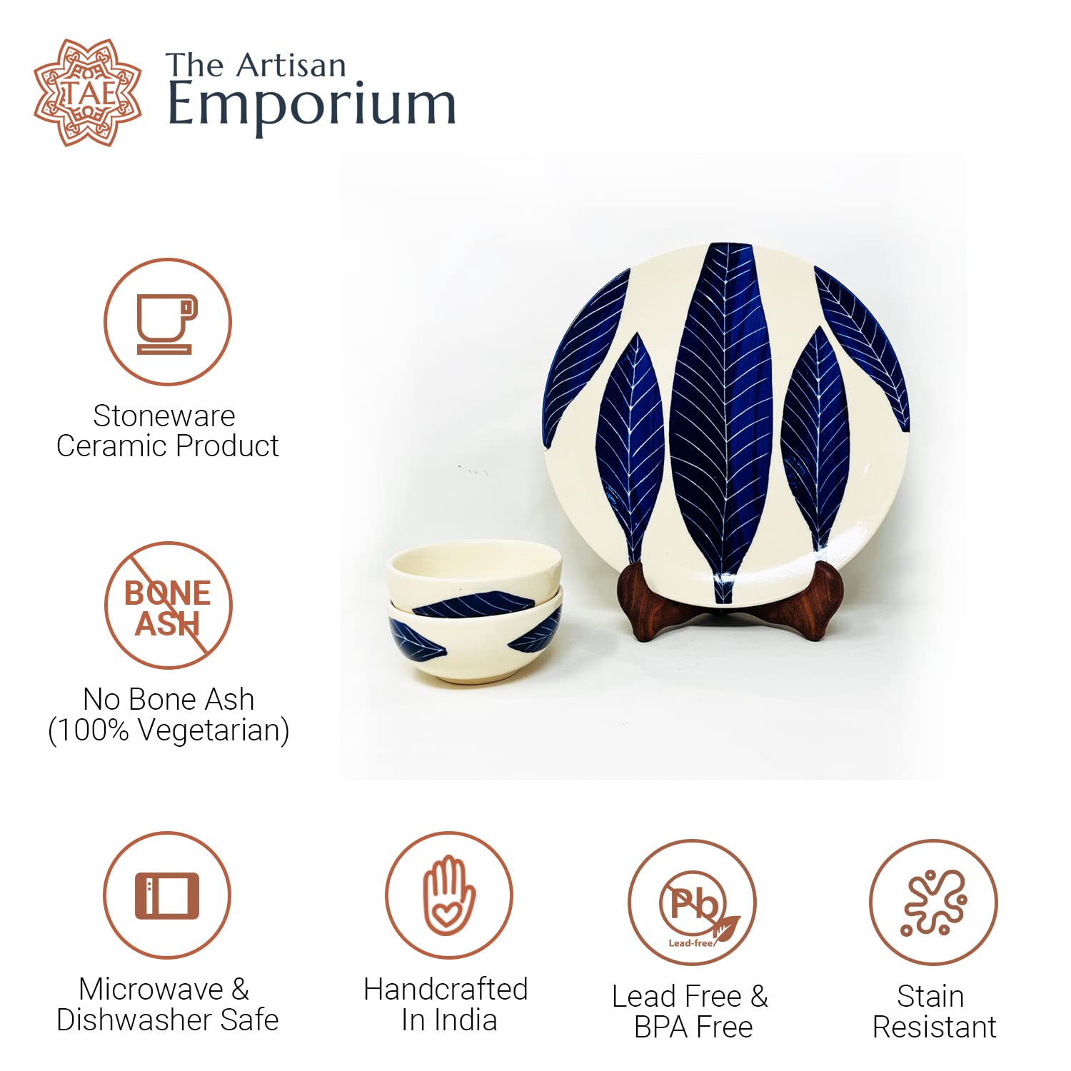 Patram Hand Painted Ceramic Dinner Set - 10 Pieces, White & Blue | 4 Dinner Plates + 4 Katori Bowls, 180ml Each+ 2 Serving Bowls, 800ml Each Dinnerware Set | Serving For 4, Microwave Safe
