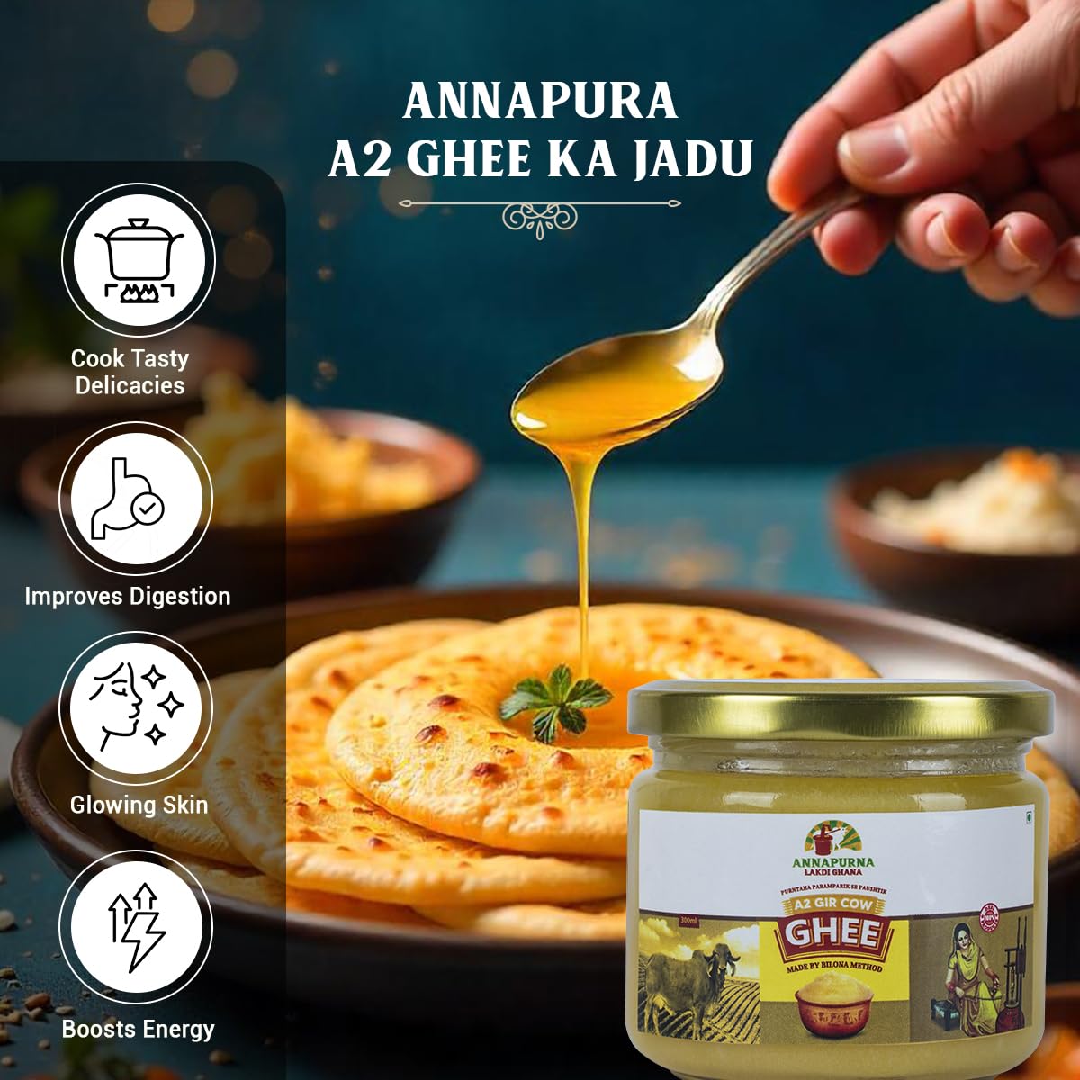 Pure A2 Desi Ghee By Annapurna Lakdi Ghana | High In Protein Fiber & Nutrients Healthy Desi Ghee Good For Taste | (300ml) 10.1 Ounce | Jar Pack