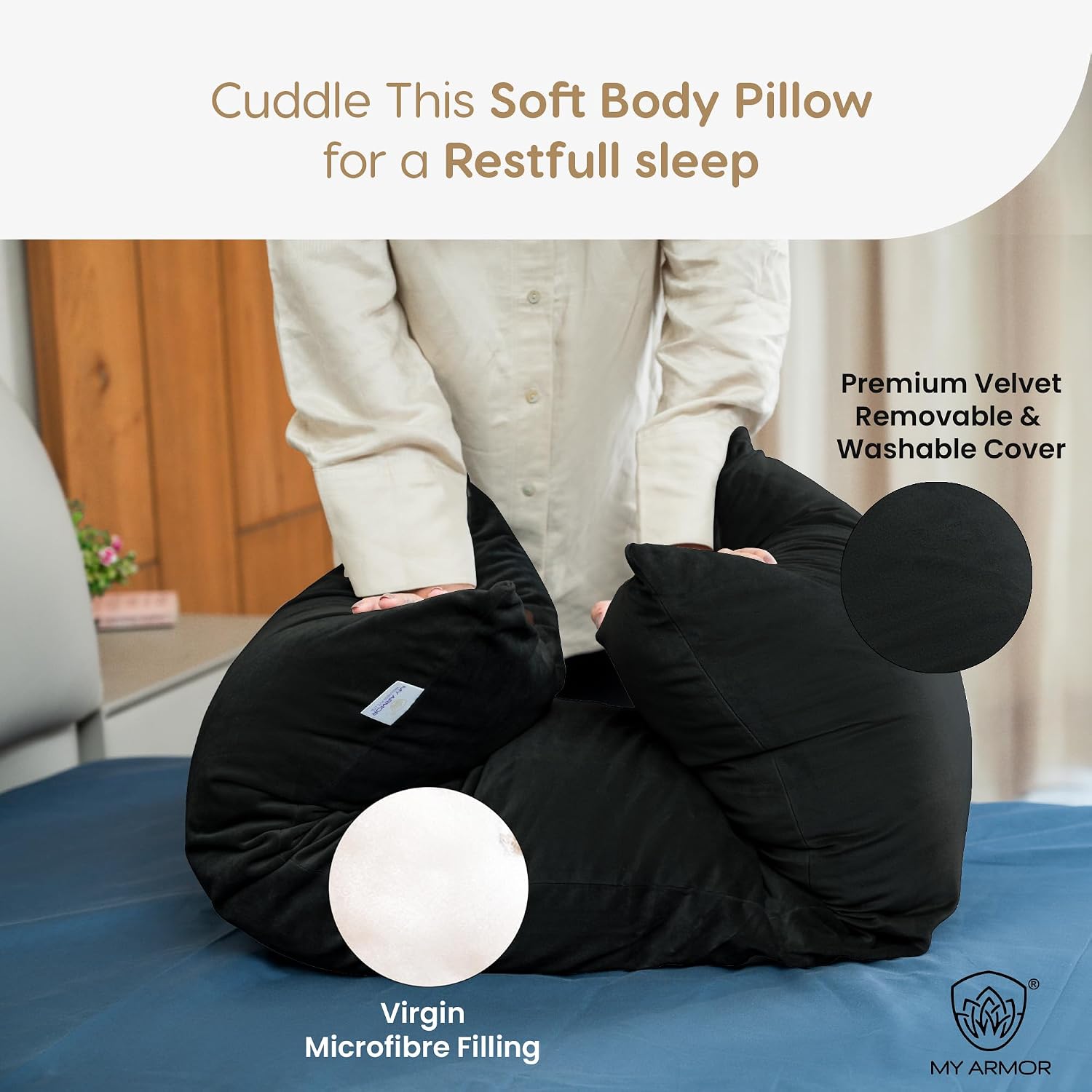 Microfiber Body Side Pillow For Sleeping For Pregnancy, Black - 53 X16 Inches | Long Cuddle Pillow For Hugging, Relaxing, Washable, Premium Velvet Outer Cover With Zip, Adjustable Pillow