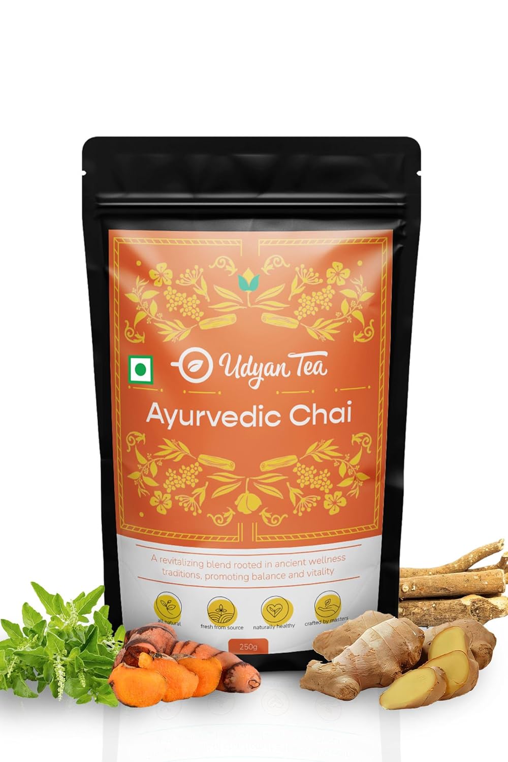Udyan Tea Ayurvedic CTC Chai - 250gm, 8.8 Ounce | Handcrafted Blend With Ginger, Turmeric & Ashwagandha - Helps Relieve Indigestion & Stress | High Caffeine, No Added Preservatives Or Sugar