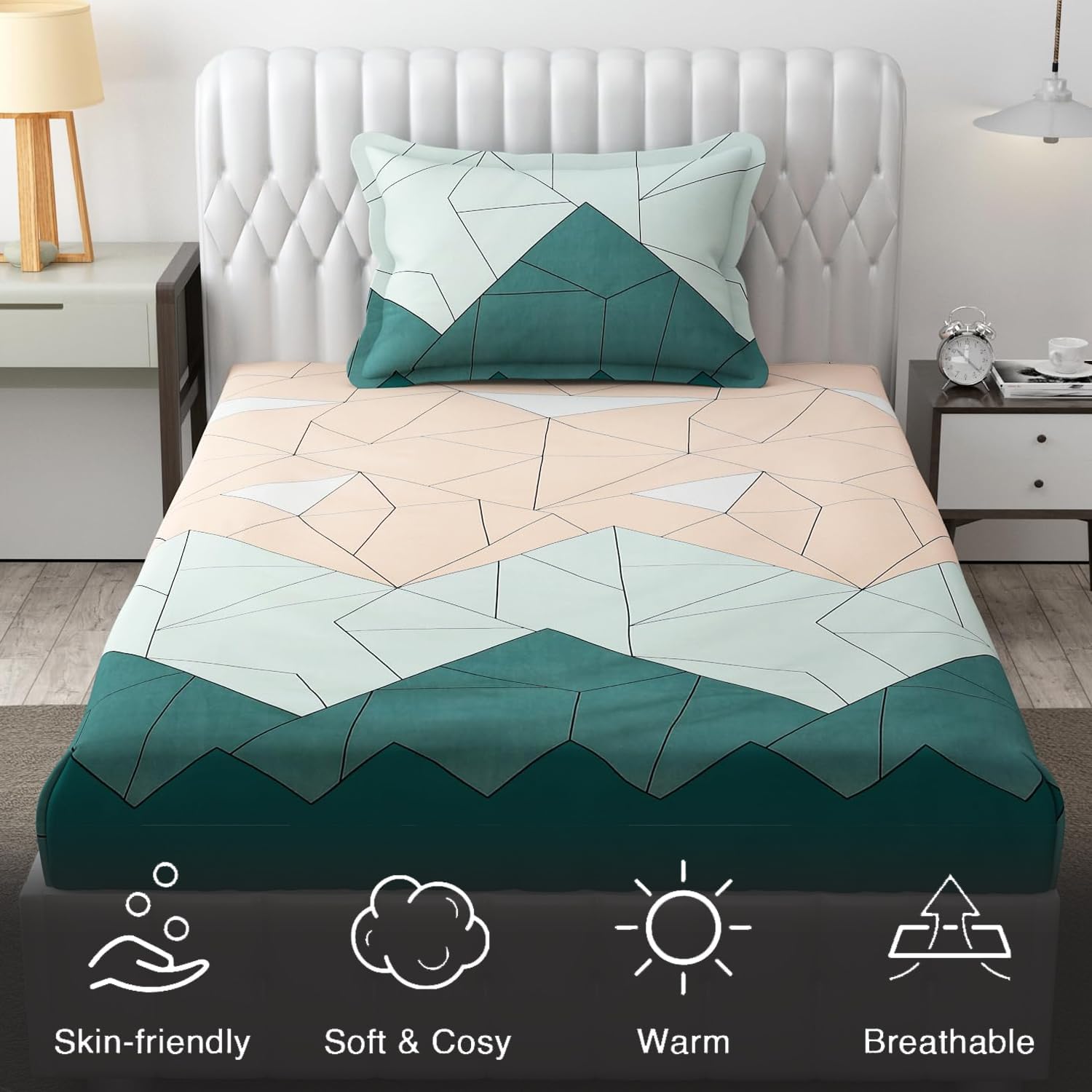 Soft Cotton Printed 1 Single Bedsheet With 1 Large Size Pillow Covers - 60 X 90 Inches, Beige & Green | 240 Thread Count - Light Weight, Suitable For All Seasons & Easy To Wash