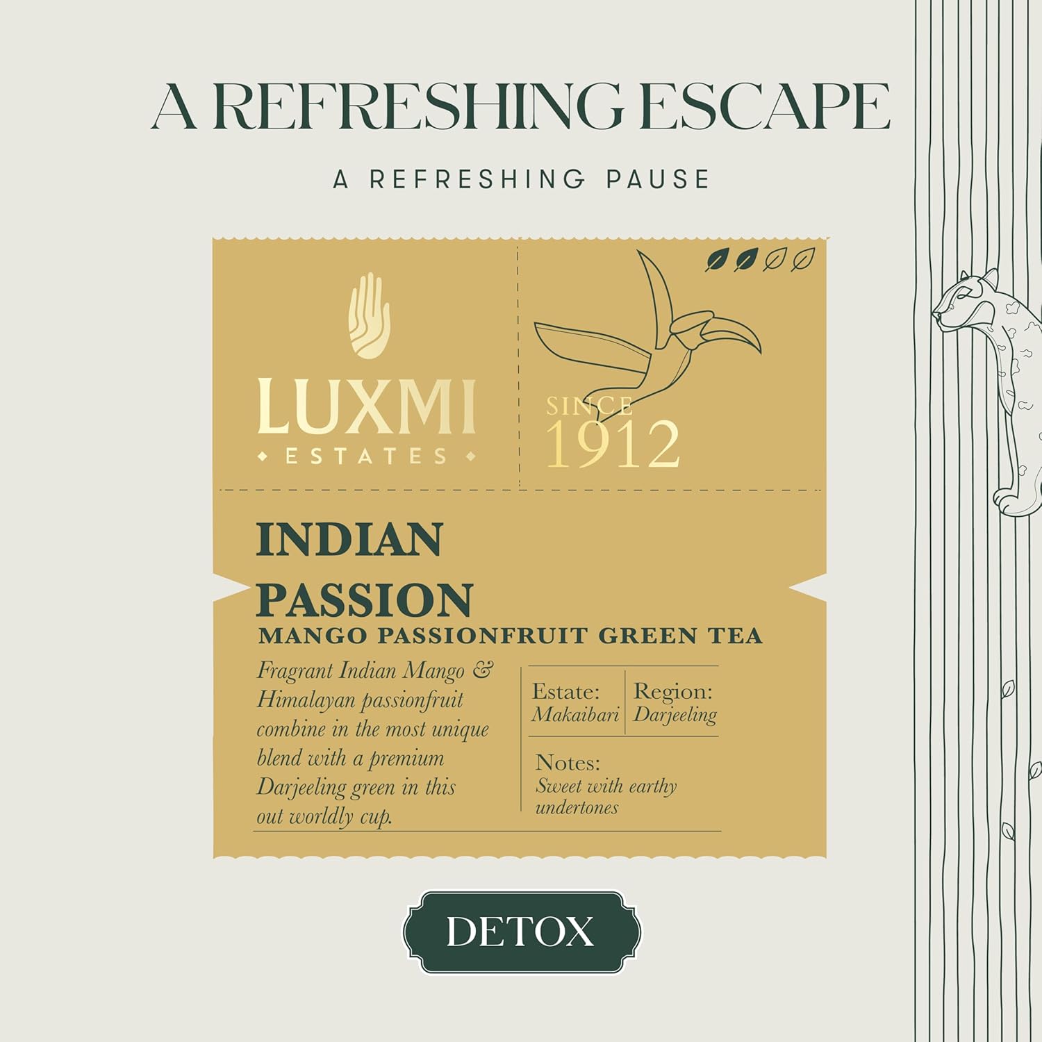 Luxmi Estates Indian Passion Green Tea - 50gm, 1.7 Ounce, 25 Tea Bags | USDA Certified Organic Darjeeling Green Tea - Mango Passion Fruit Green Tea | Made With Lemongrass, Ginger, Lemon Peel