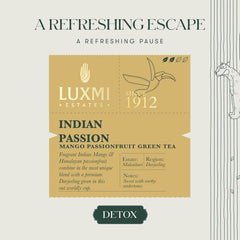 Luxmi Estates Indian Passion Green Tea - 50gm, 1.7 Ounce, 25 Tea Bags | USDA Certified Organic Darjeeling Green Tea - Mango Passion Fruit Green Tea | Made With Lemongrass, Ginger, Lemon Peel