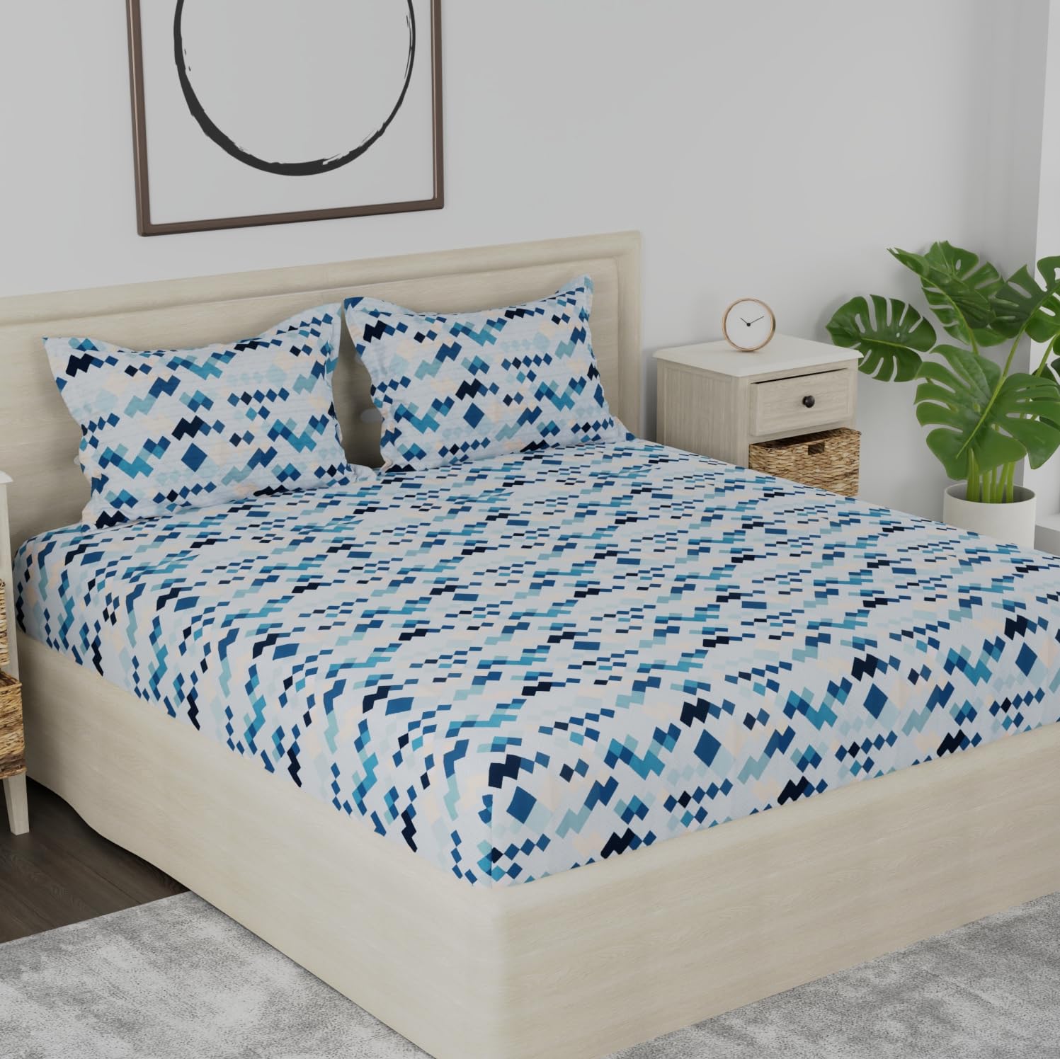 210 TC Premium King Size Bed Sheet Cotton With 2 Pillow Covers | 108 X 108 Inches, Blue & White | Naturally Soft, Breathable, & Skin Friendly