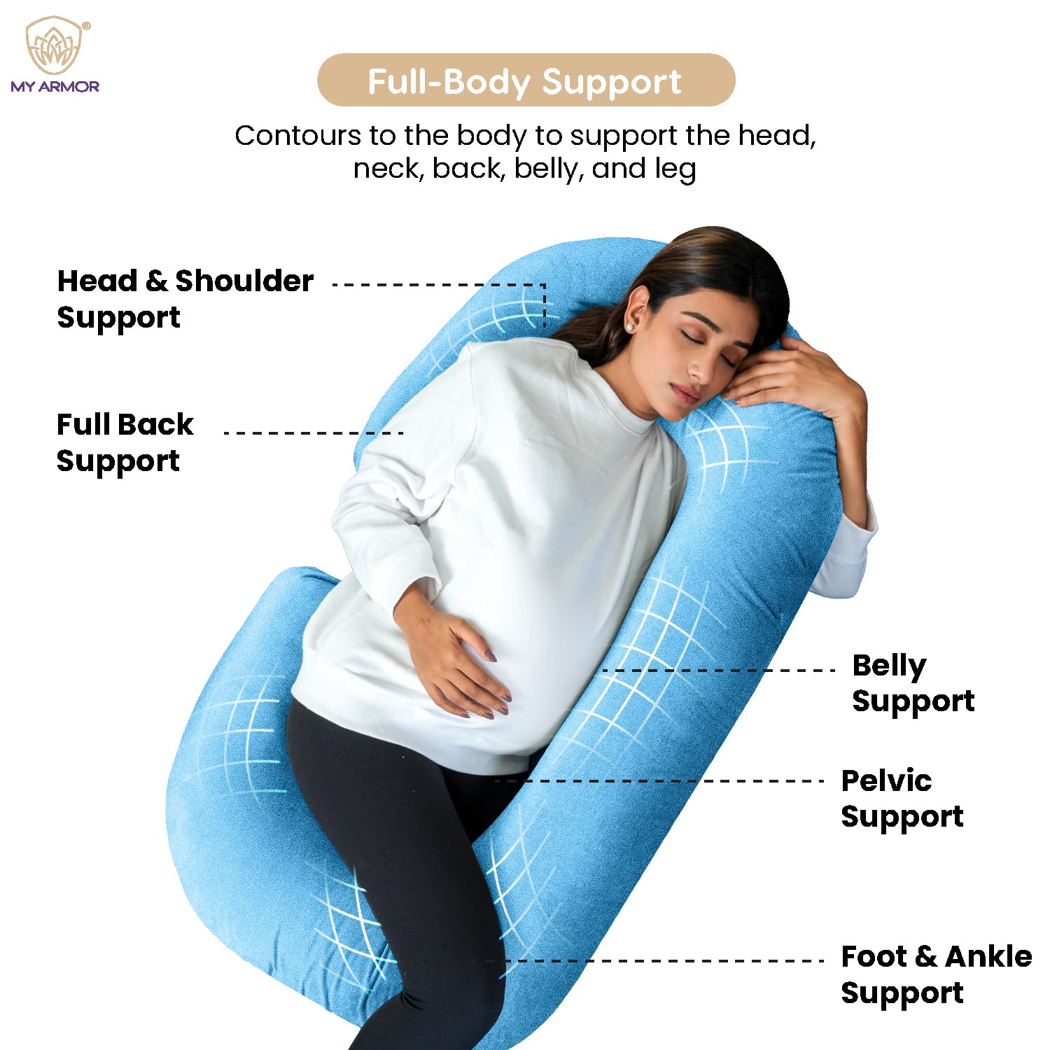 Full Body C Shape Pregnancy Pillow For Women, Maternity Pillow, Black & Sky Blue | Pillow Gift For Pregnancy Sleeping, Premium Velvet Cover With Zip | Adjustable, Relieves Pain, Multipurpose