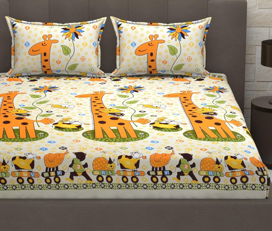 Kids 1 Double Bedsheet For King Size With 1 Pillow Covers - 72 X 78 X 10 Inches, Multicolor | Cotton Feel All Around Elastic Fitted Bedsheet
