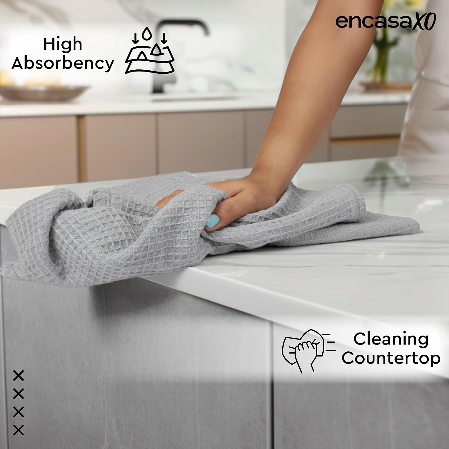 Encasa Xo Kitchen Dish Towels Set 320 Gsm | Waffle Weave & Flat Hand Tea Towel | Quick Drying Reusable Cotton Washcloths | Set Of 4 (Light Grey)