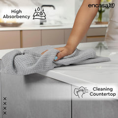 Encasa Xo Kitchen Dish Towels Set 320 Gsm | Waffle Weave & Flat Hand Tea Towel | Quick Drying Reusable Cotton Washcloths | Set Of 4 (Light Grey)
