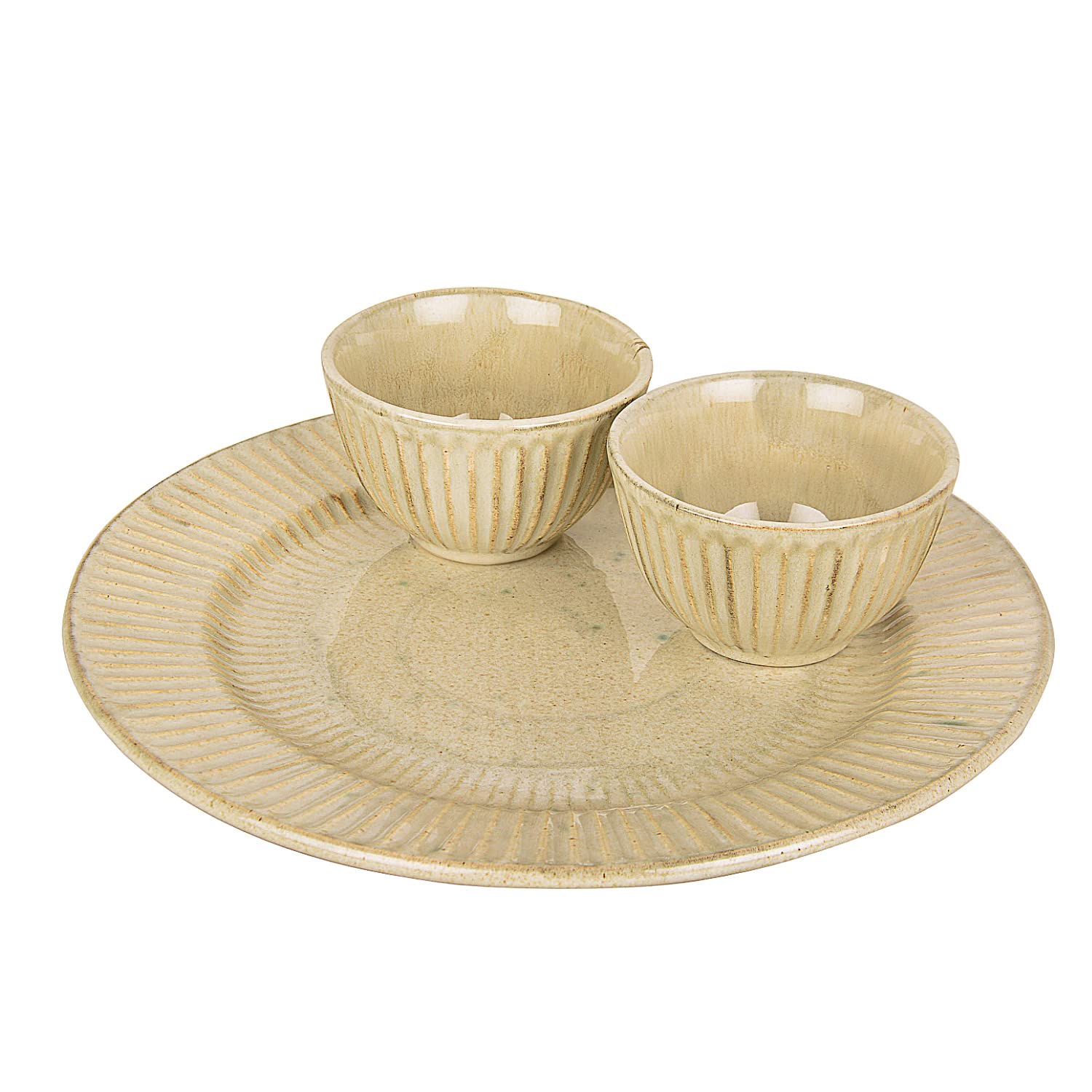 Ribbed Ceramic Dinner Serving Plate With 2 Dinner Bowls Set Of 3 - Ivory, Plate Diameter: 10 Inches - Dazzling Riviera